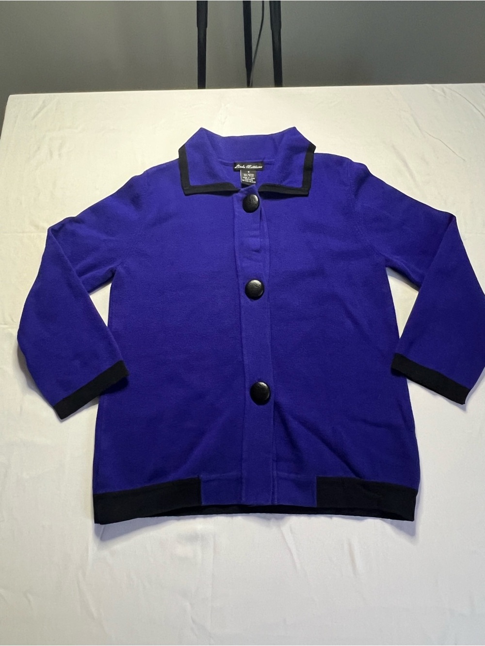 Linda Matthews Purple Knit Cardigan with Black Trim